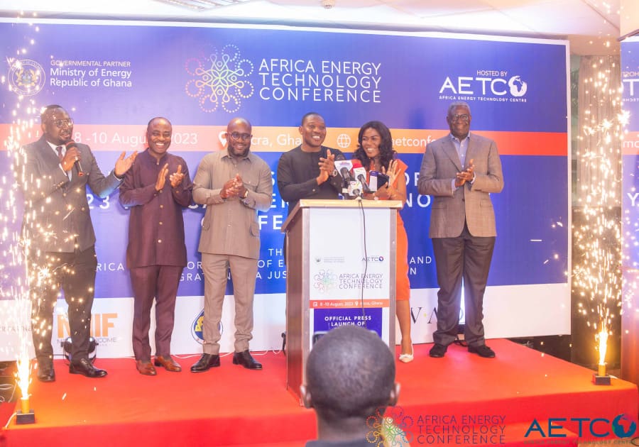 Speakers and guests on the stage at the press launch of the first Africa Energy Technology Conference, Alisa Hotel, Accra, June 2023