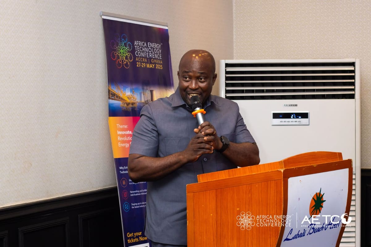 A speaker in a patterned shirt answers a question at the Centre's breakfast meeting for AETC 2025, Labadi Beach Hotel, Accra, November 2024