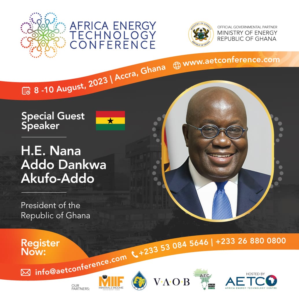 Announcement graphic naming H.E. Nana Addo Dankwa Akufo-Addo, President of the Republic of Ghana, as special guest speaker at the 2023 Africa Energy Technology Conference