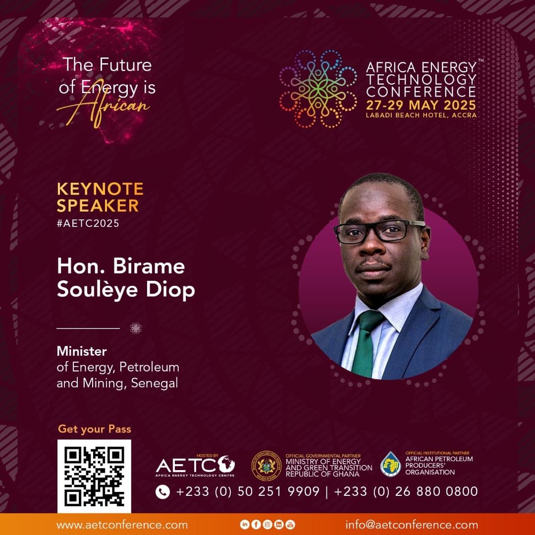 Keynote speaker graphic for AETC 2025: Hon. Birame Soulèye Diop, Senegal's Minister of Energy, Petroleum and Mines