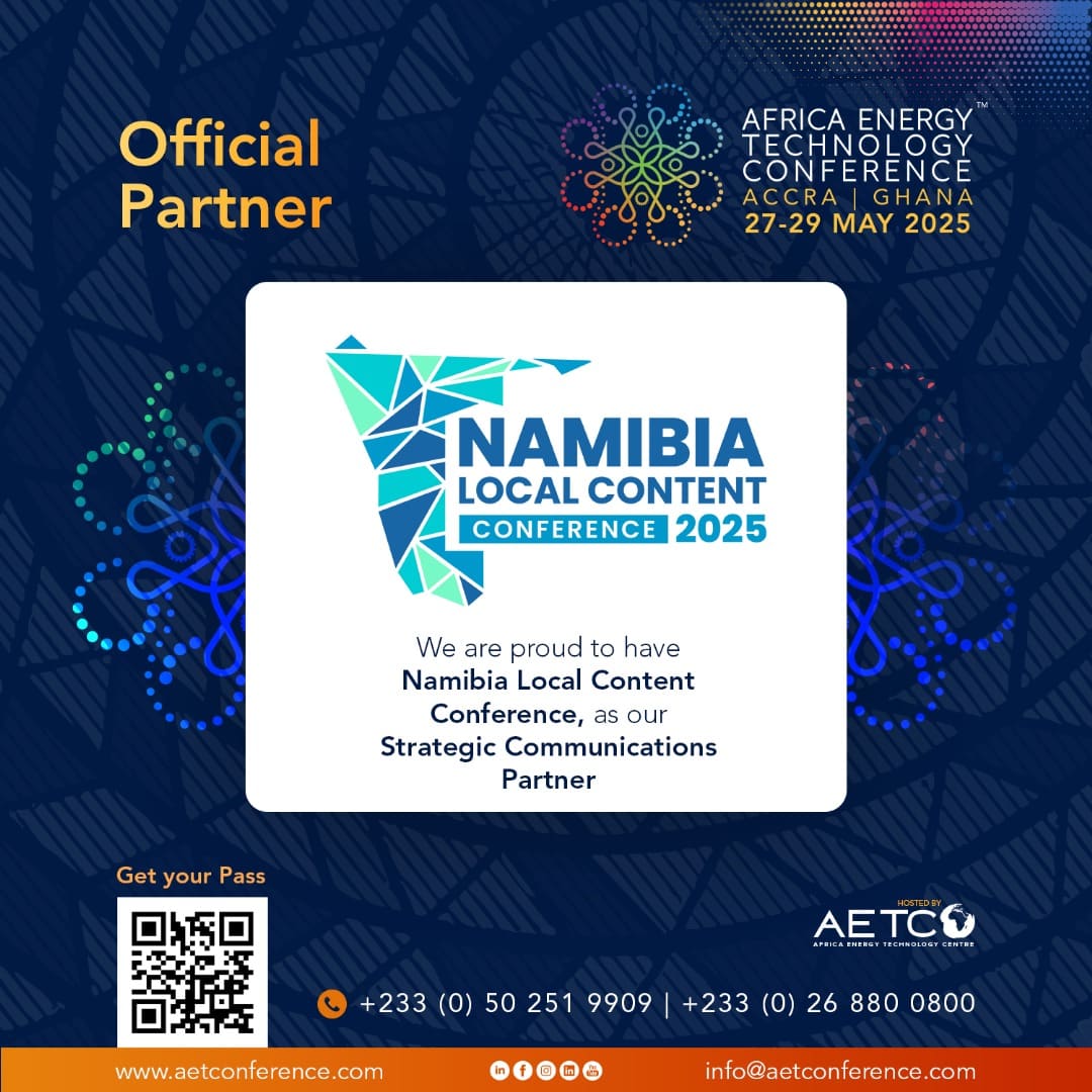 Announcement graphic naming the Namibia Local Content Conference 2025 as the conference's Strategic Communications Partner for AETC 2025