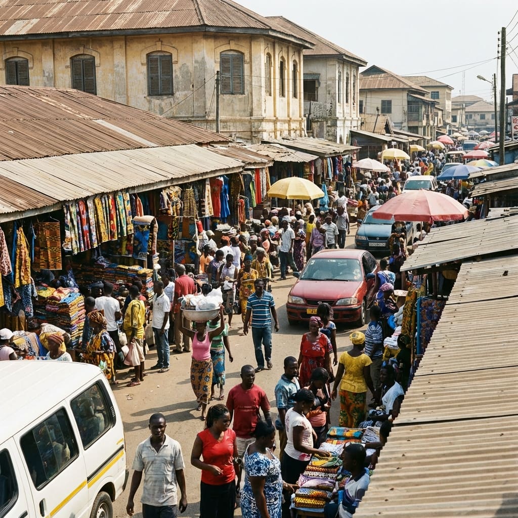 An AI-generated illustration of a busy street in Makola Market