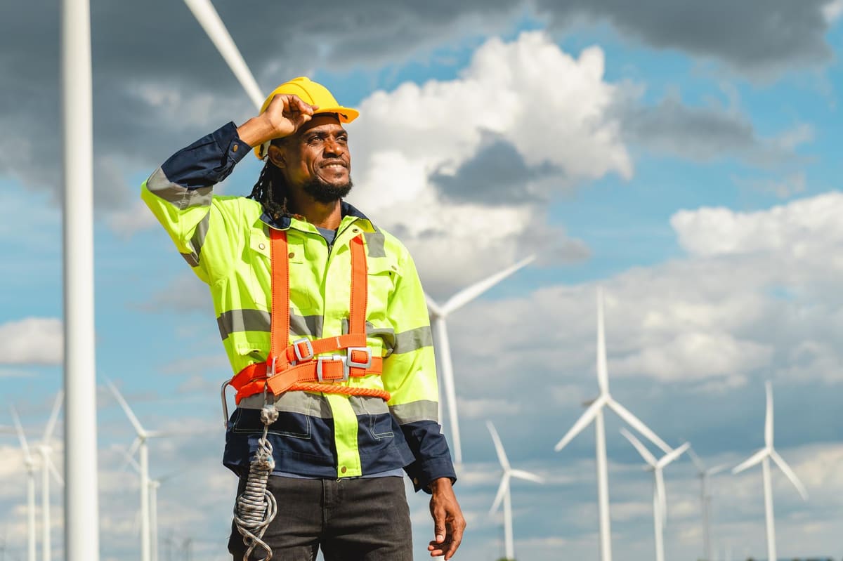 A technician in a hard hat, high-visibility jacket and safety harness looks out across a wind farm