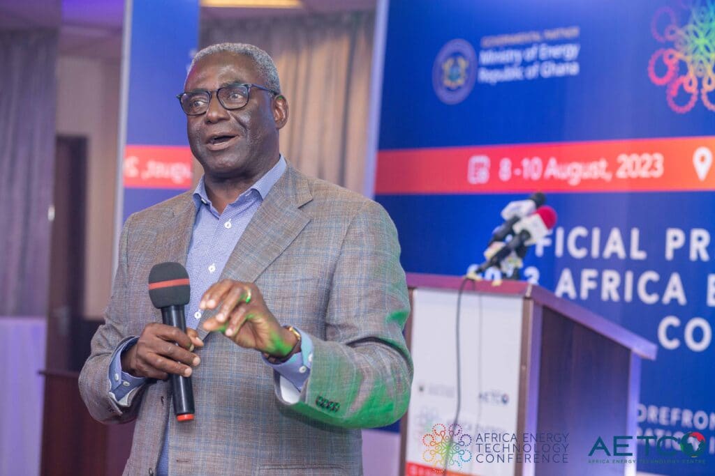 A speaker addresses the room from the lectern at the press launch of the first Africa Energy Technology Conference, Alisa Hotel, Accra, June 2023
