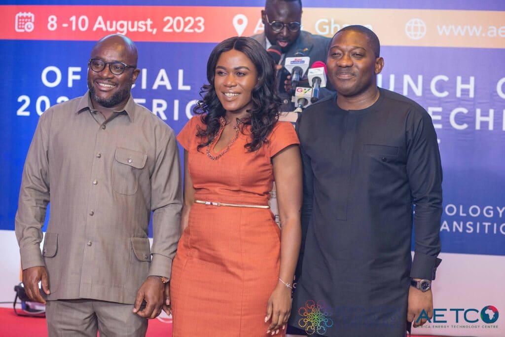 Guests stand before the Africa Energy Technology Conference backdrop at the press launch of the first Africa Energy Technology Conference, Alisa Hotel, Accra, June 2023