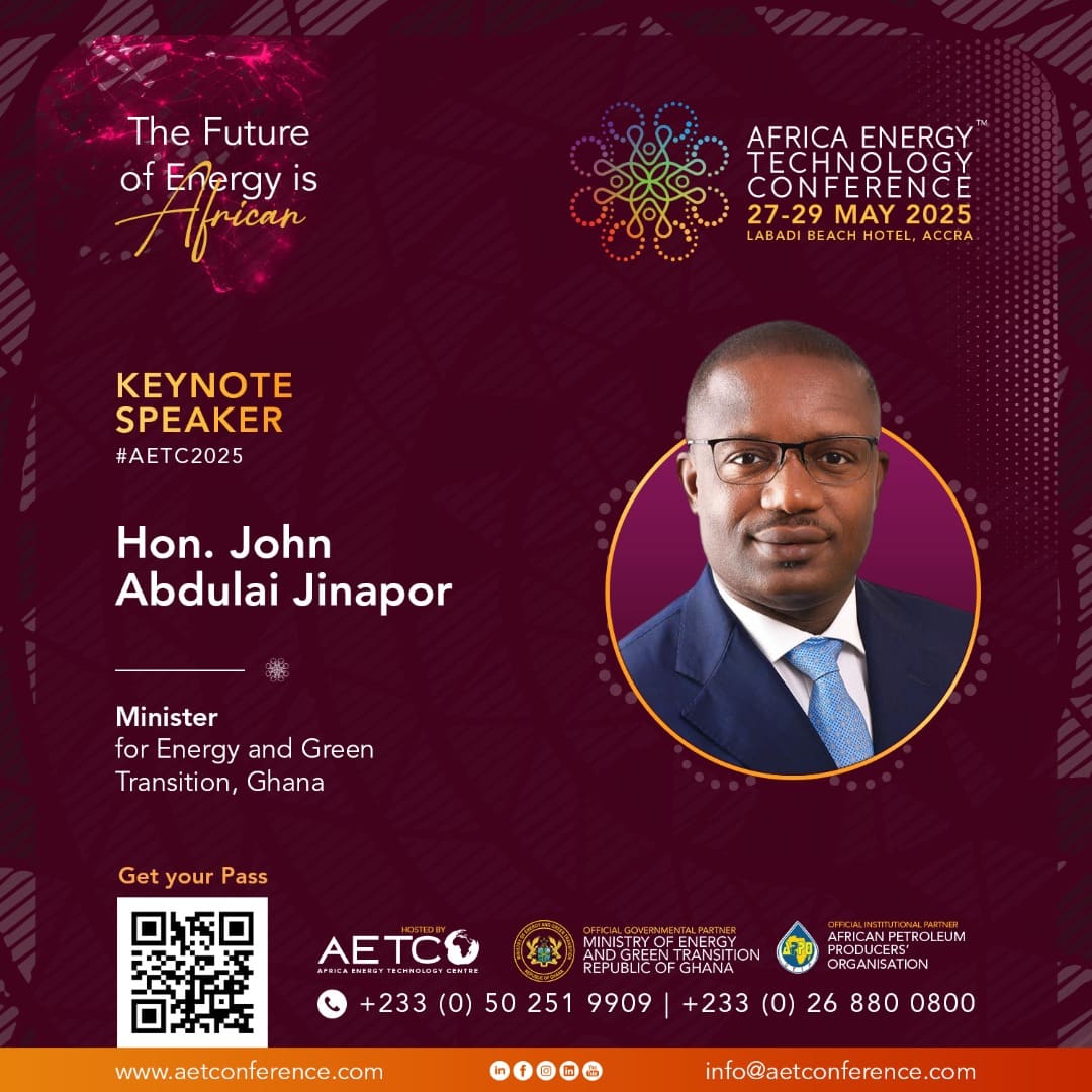 Keynote speaker graphic for AETC 2025: Hon. John Abdulai Jinapor, Minister for Energy and Green Transition, Ghana