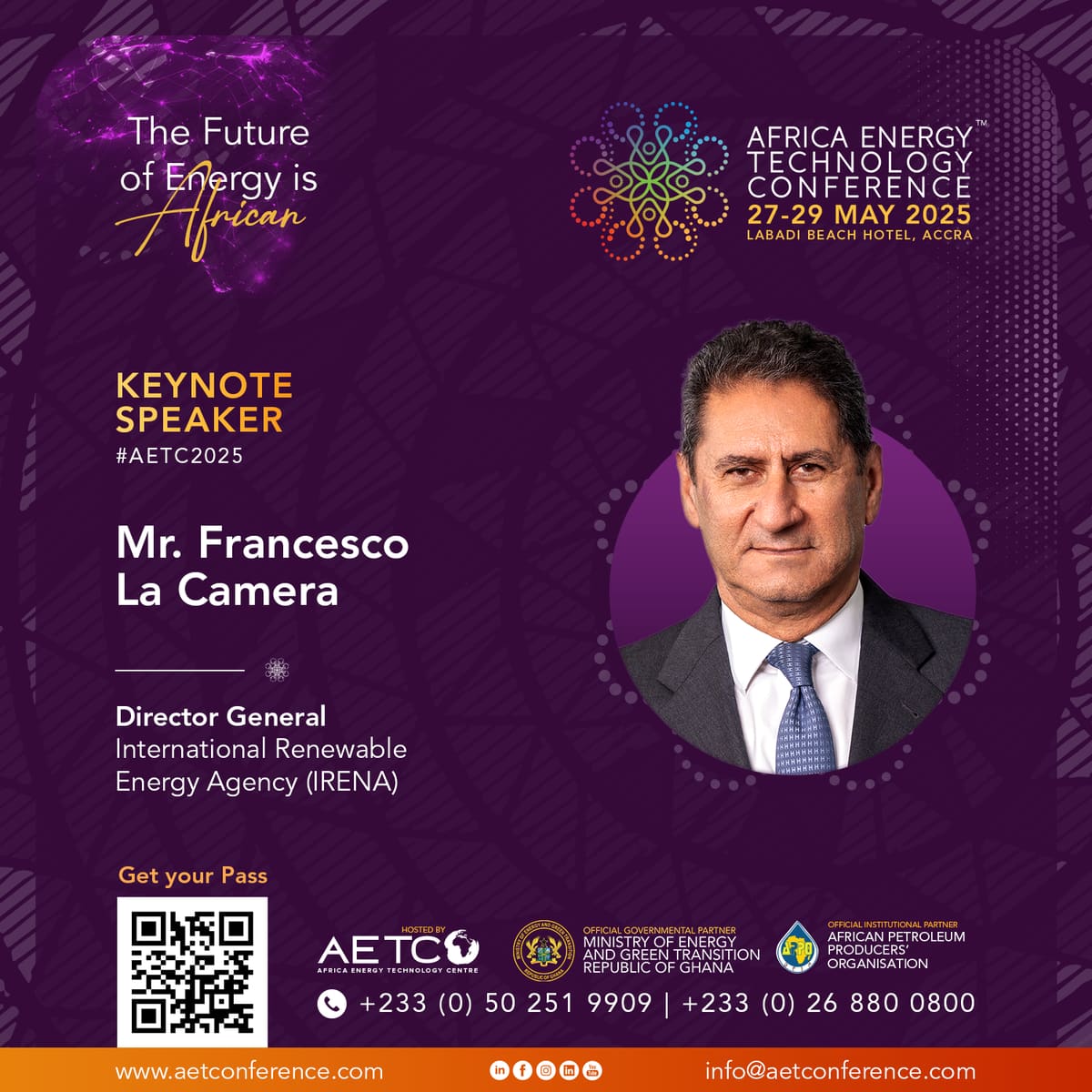Keynote speaker graphic for AETC 2025: Francesco La Camera, Director-General of the International Renewable Energy Agency (IRENA)
