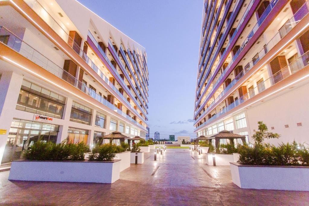 The courtyard of Accra Luxury Apartments at dusk