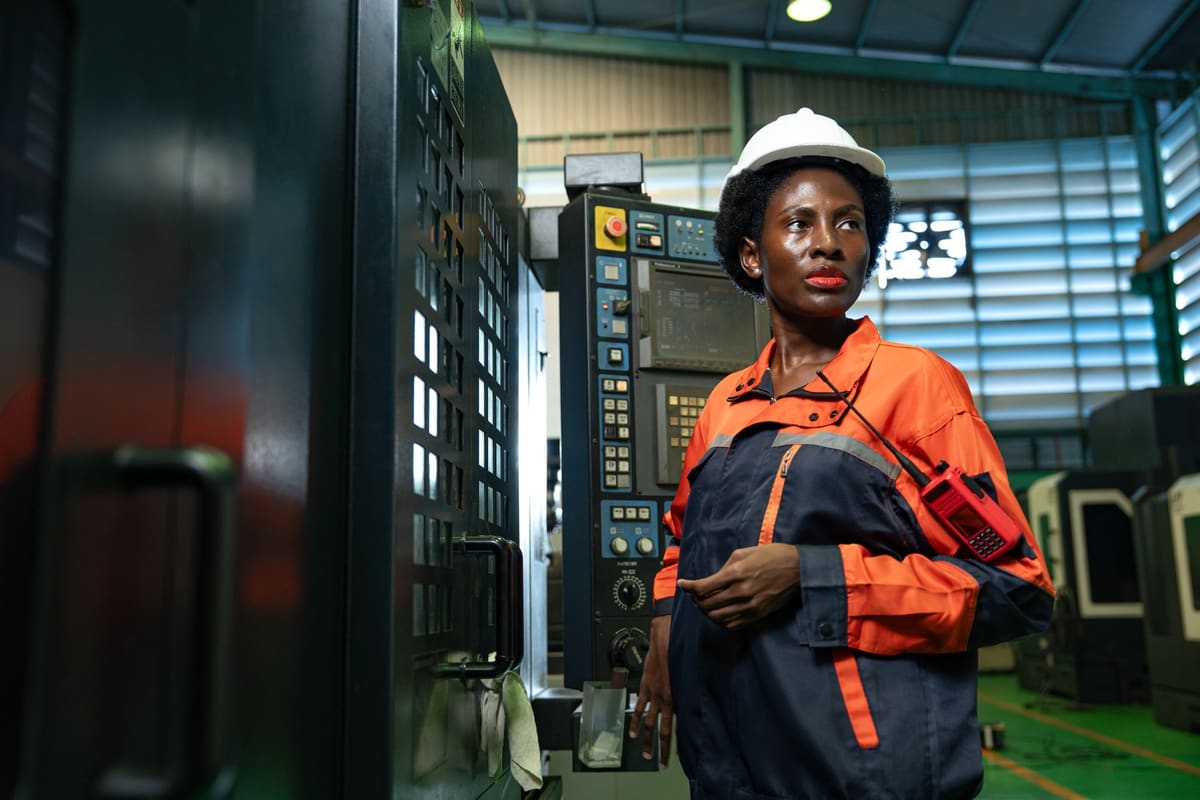 A woman engineer in a hard hat and orange coveralls stands beside machinery in an industrial workshop