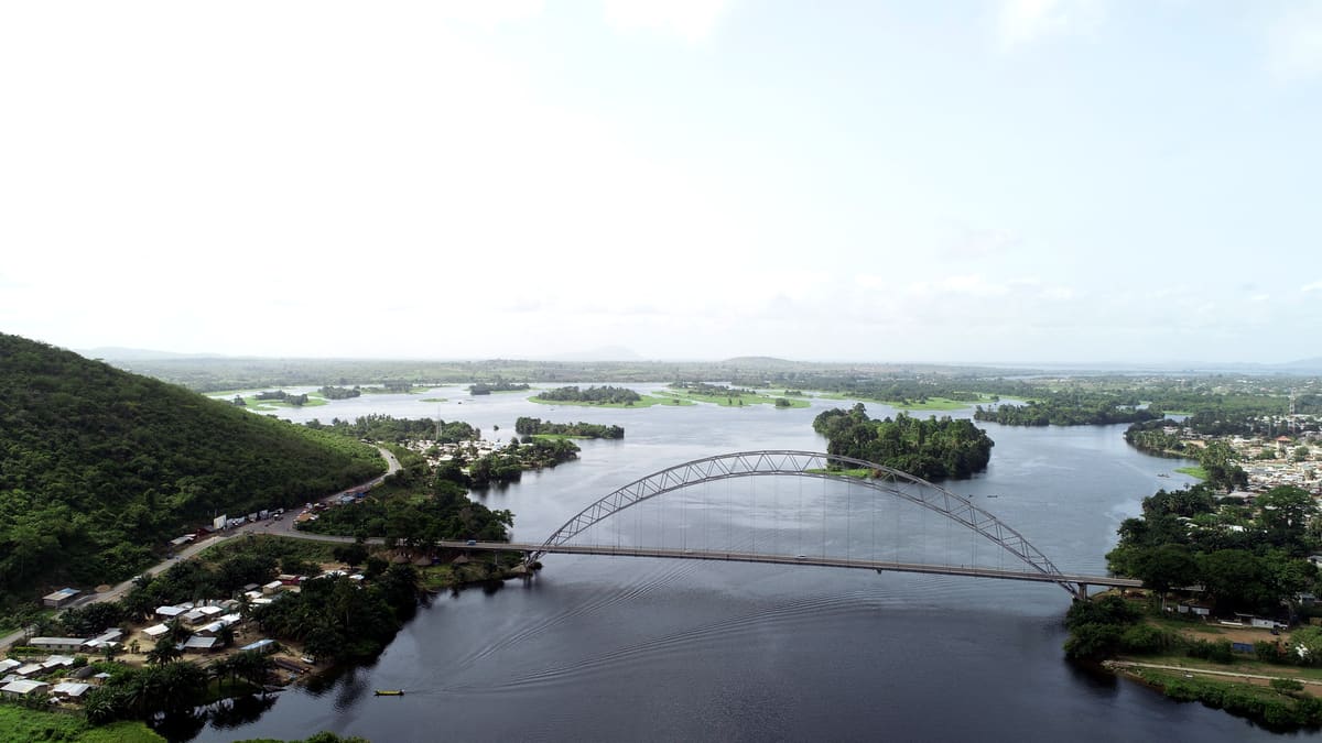 The Adomi Bridge over the Volta River from the air