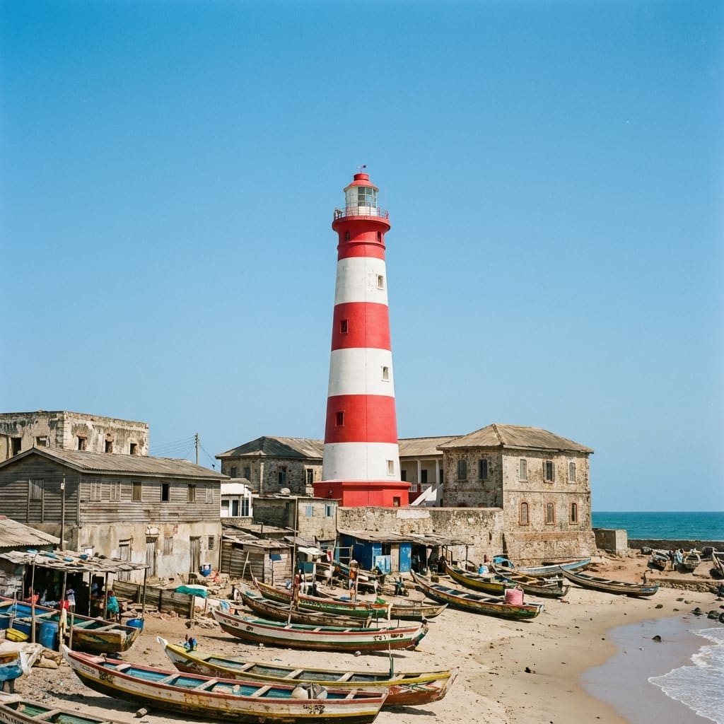 An AI-generated illustration of Jamestown Lighthouse above fishing canoes