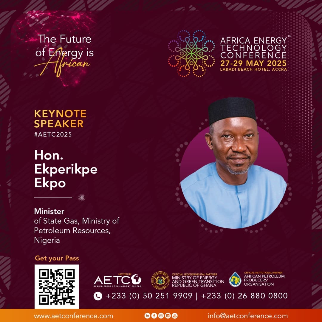 Keynote speaker graphic for AETC 2025: Hon. Ekperikpe Ekpo, Nigeria's Minister of State for Petroleum Resources (Gas)