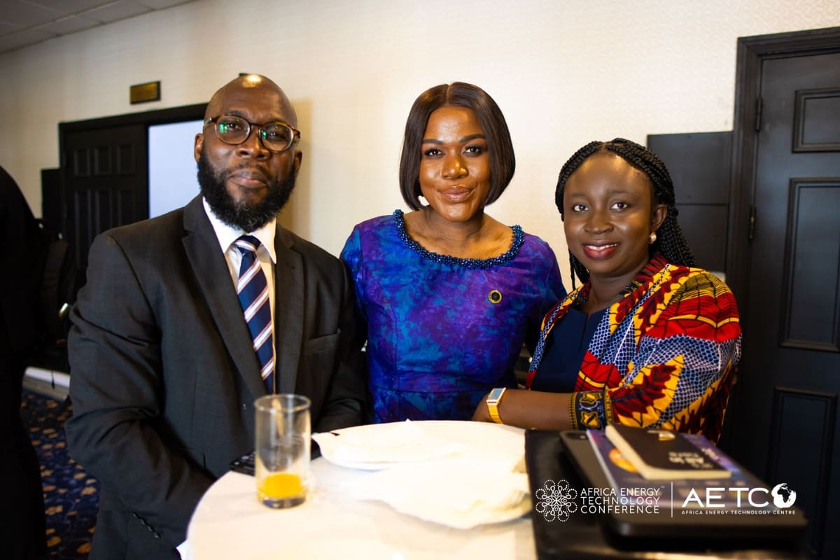 Three guests seated together at the Centre's breakfast meeting for AETC 2025, Labadi Beach Hotel, Accra, November 2024