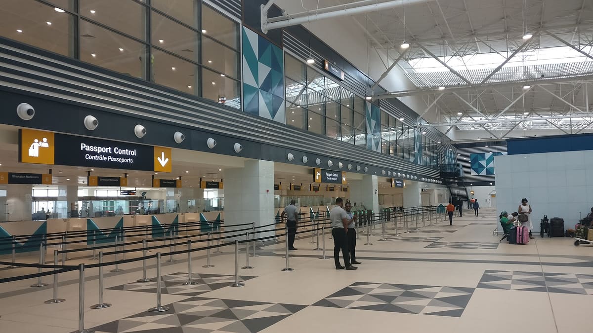 The passport control hall in Terminal 3 at Kotoka International Airport, Accra