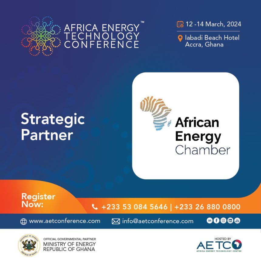The African Energy Chamber's logo beside the words Strategic Partner, on the conference's 2024 announcement graphic