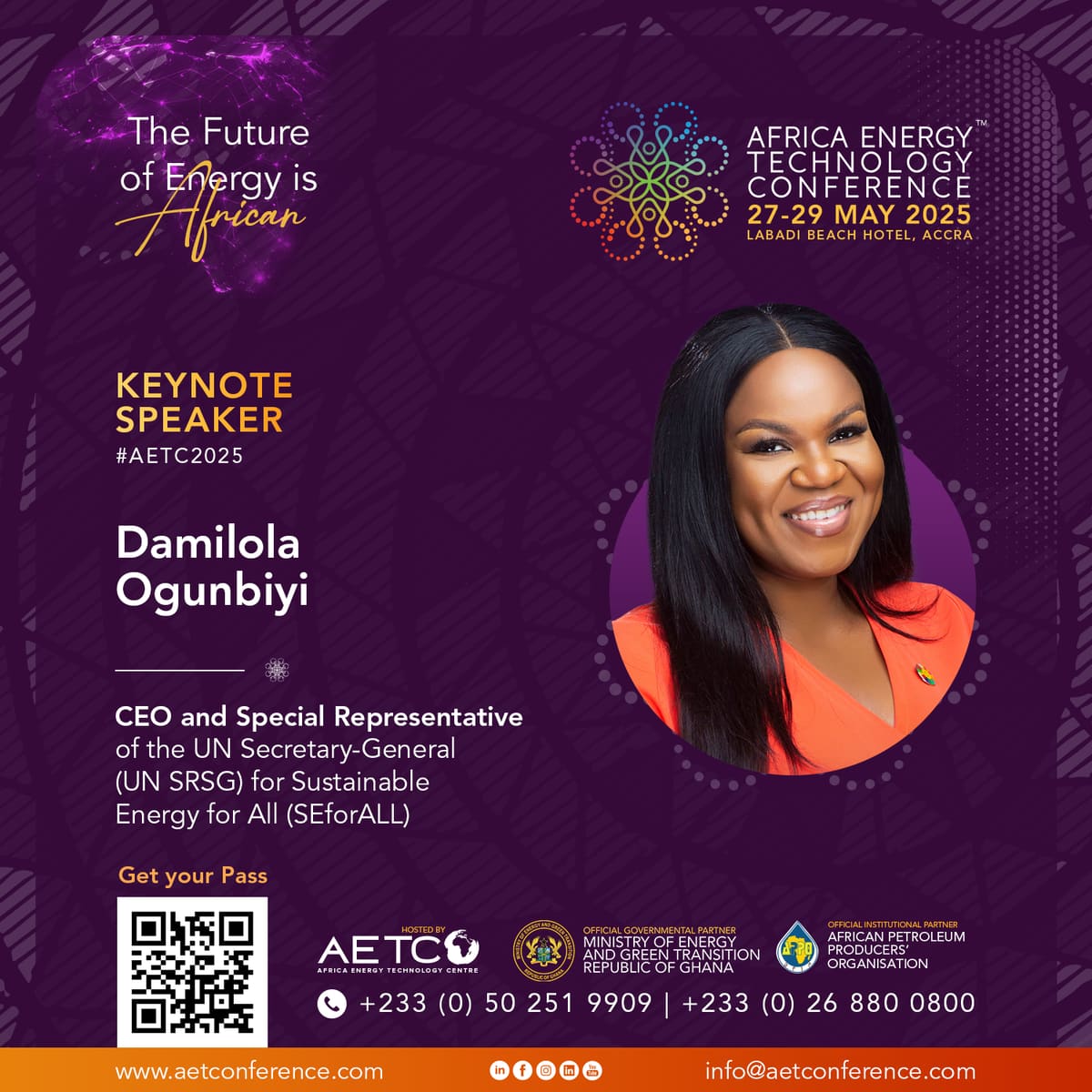 Keynote speaker graphic for AETC 2025: Damilola Ogunbiyi, CEO and Special Representative of the UN Secretary-General for Sustainable Energy for All (SEforALL)