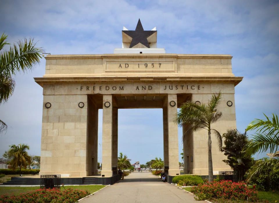 Independence Arch on Independence Square, inscribed AD 1957 Freedom and Justice