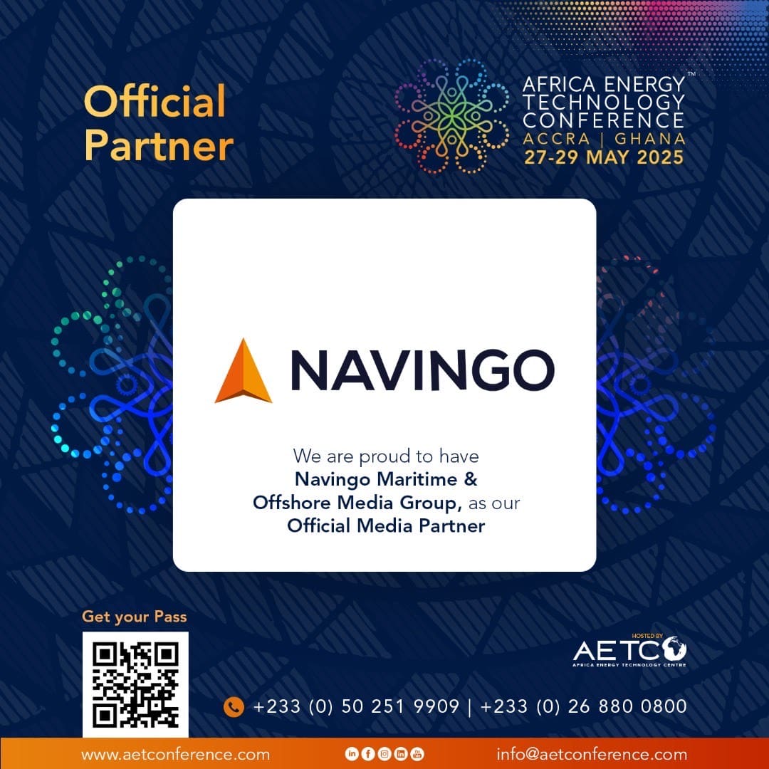 Announcement graphic naming Navingo Maritime & Offshore Media Group as the conference's Official Media Partner for AETC 2025