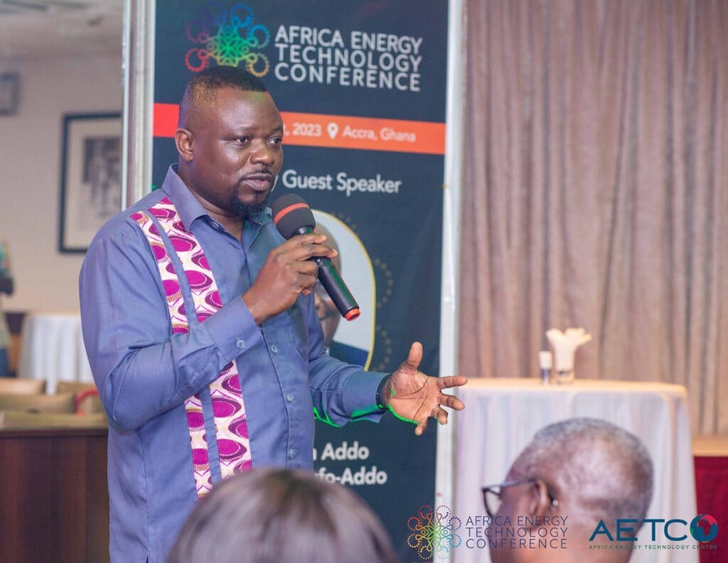 A speaker in a kente stole at the lectern at the press launch of the first Africa Energy Technology Conference, Alisa Hotel, Accra, June 2023