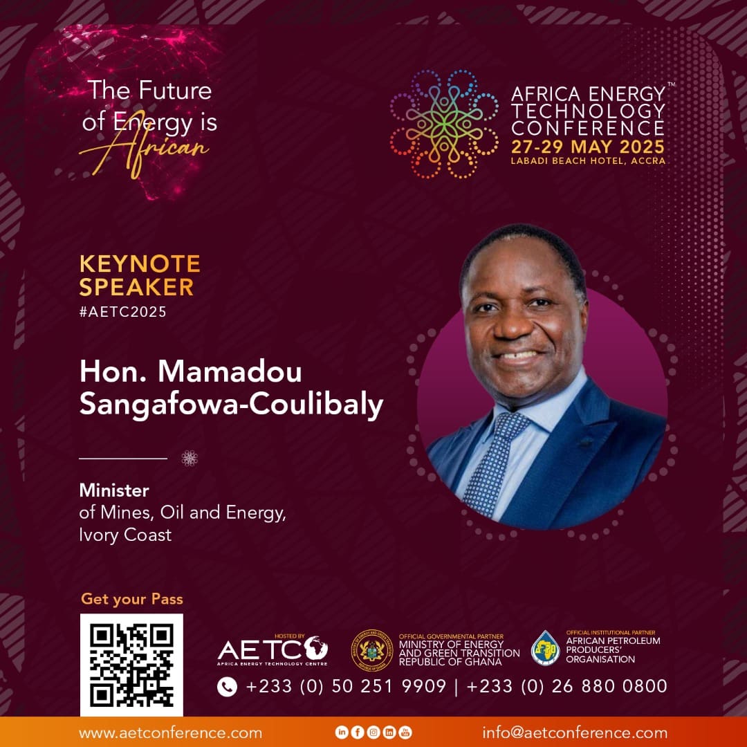 Keynote speaker graphic for AETC 2025: Hon. Mamadou Sangafowa-Coulibaly, Côte d'Ivoire's Minister of Mines, Petroleum and Energy