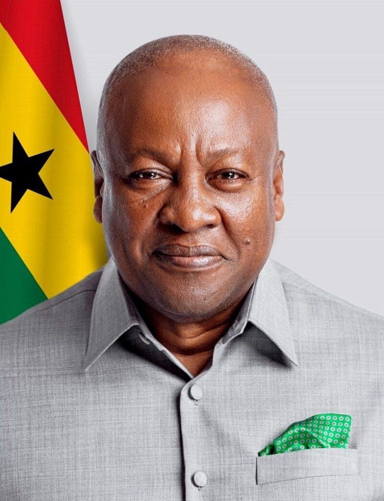 Portrait of President John Dramani Mahama in front of the flag of Ghana