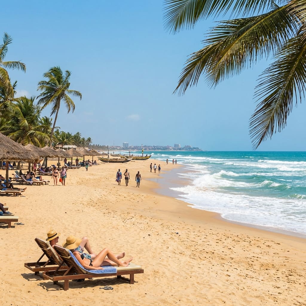 An AI-generated illustration of Labadi Beach with loungers and fishing canoes