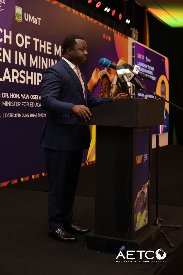 The Minister for Lands and Natural Resources' address on the screen at the launch of the Minerals Income Investment Fund's Women in Mining scholarship scheme, 2024